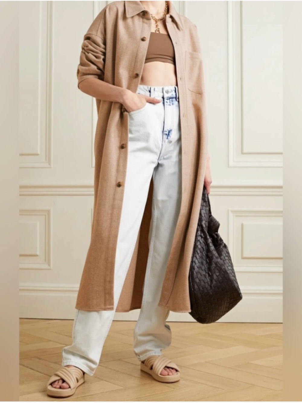 THE FRANKIE SHOP Tan Melange Wool-Blend Felt Midi Shirt Dress OS